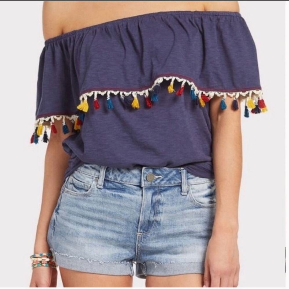 Allison Joy Blue Cotton Blend Off Shoulder Tassel Fringe Boho Top XS